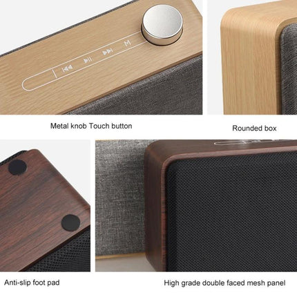 Compact Bluetooth Speaker For Home And Travel With Portable Design metal knob touch buttons rounded wood box textured mesh