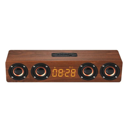 Wooden Clock Speaker With LED Clock For Home Use And Alarm showing wood finish stereo speakers and LED clock