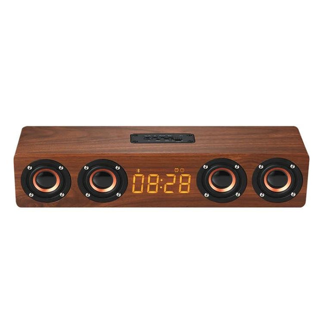 Wooden Clock Speaker With LED Clock For Home Use And Alarm showing wood finish stereo speakers and LED clock