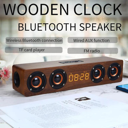 Wooden Clock Speaker With LED Clock For Home Use And Alarm on a table, Bluetooth, TF card, AUX, FM radio, bedside