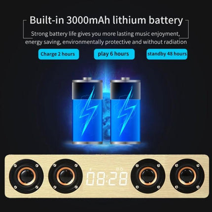Wooden Clock Speaker With LED Clock For Home Use And Alarm showing 3000mAh battery life, 4 drivers, LED clock display