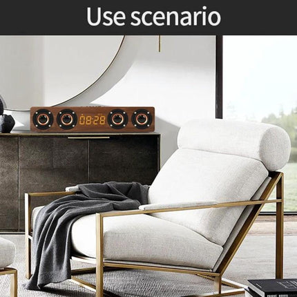 Wooden Clock Speaker With LED Clock For Home Use And Alarm on living room console beside modern lounge chair