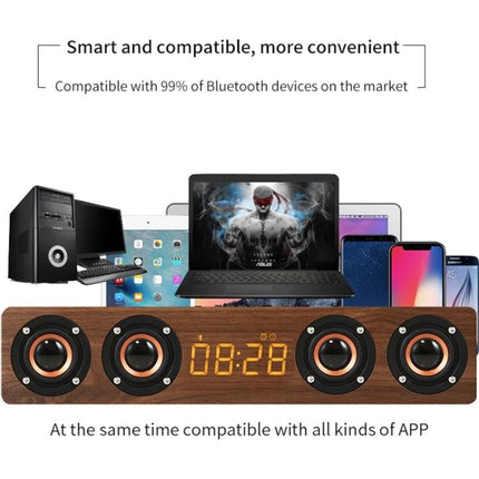Wooden Clock Speaker With LED Clock For Home Use And Alarm showcasing wood Bluetooth speaker with LED clock and multiple device compatibility