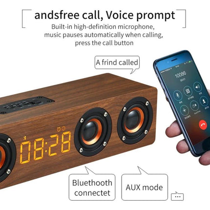 Wooden Clock Speaker With LED Clock For Home Use And Alarm showing wooden Bluetooth speaker with LED time display