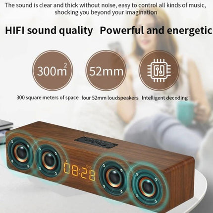 Wooden Clock Speaker With LED Clock For Home Use And Alarm on table showing four 52mm drivers and LED time display