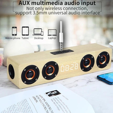 Wooden Clock Speaker With LED Clock For Home Use And Alarm showcasing wood Bluetooth speaker with LED clock and AUX input
