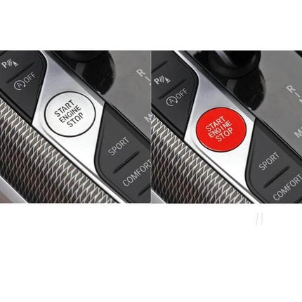 Push Button Start For BMW Three Series Car Interior Accessory installed on center console showing Start Engine Stop button in silver and red options