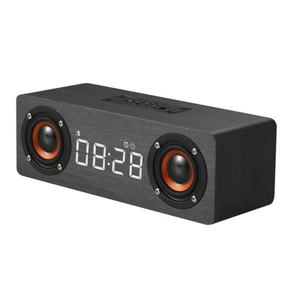 Wooden Clock Speaker For Desk Or Nightstand With Bluetooth in dark wood finish showing digital clock and dual speakers