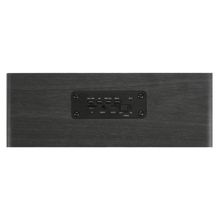 Wooden Clock Speaker For Desk Or Nightstand With Bluetooth showing rear control panel with Bluetooth, FM, aux, volume and power