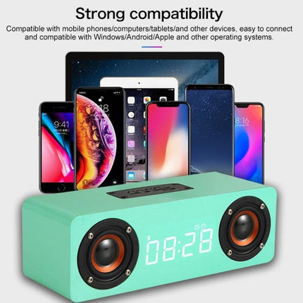 Wooden Clock Speaker For Desk Or Nightstand With Bluetooth displayed on mint wood digital alarm speaker with phones