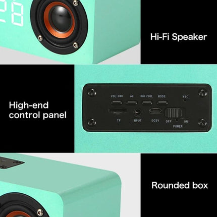 Wooden Clock Speaker For Desk Or Nightstand With Bluetooth shown in mint green with Hi‑Fi speaker and control panel