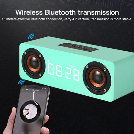 Wooden Clock Speaker For Desk Or Nightstand With Bluetooth showing digital clock face and Bluetooth streaming from phone