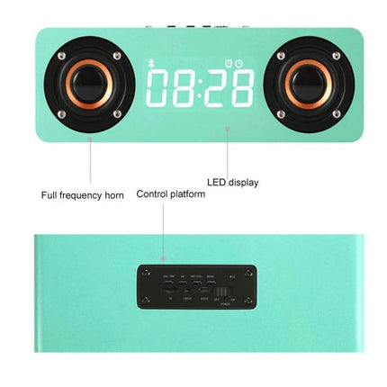 Wooden Clock Speaker For Desk Or Nightstand With Bluetooth in mint wood finish showing LED display and dual speakers
