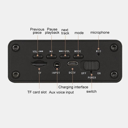 Wooden Clock Speaker For Desk Or Nightstand With Bluetooth showing back panel controls TF card aux input charging DC5V mic switch