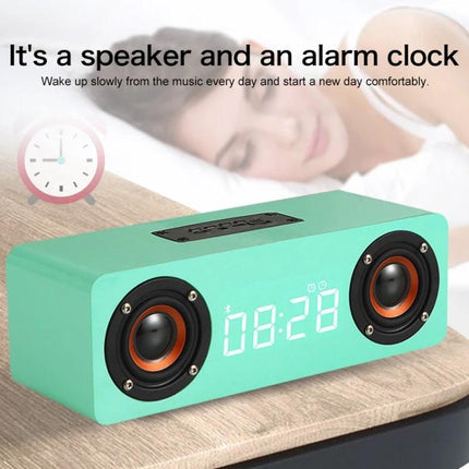 Wooden Clock Speaker For Desk Or Nightstand With Bluetooth in mint wood finish on nightstand showing digital clock and dual speakers