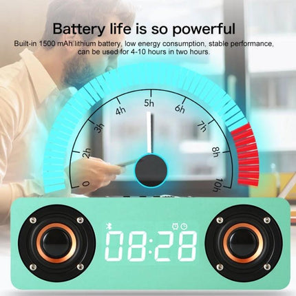 Wooden Clock Speaker For Desk Or Nightstand With Bluetooth showing digital clock, dual speakers and battery life gauge