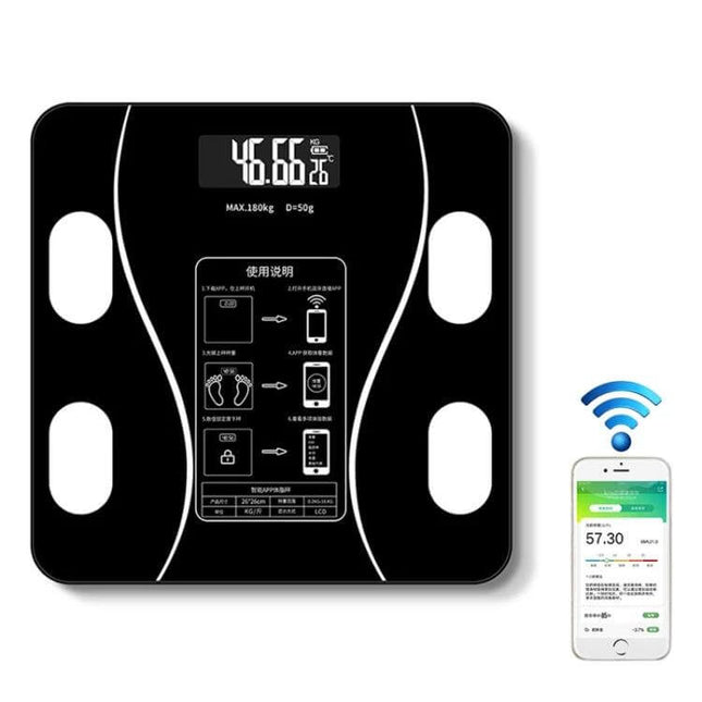 Smart Body Fat Scale Battery Powered For Everyday Home Use black glass scale with app trend curves and multi‑metric readings