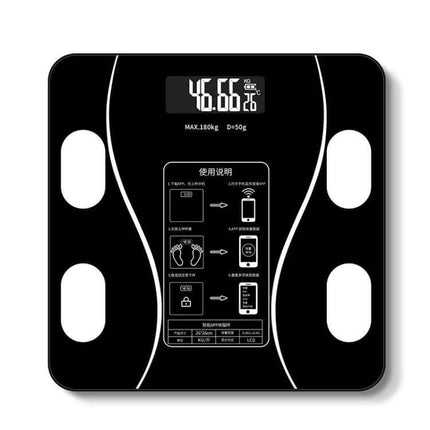 Smart Body Fat Scale Battery Powered For Everyday Home Use - black digital scale showing weight, moisture and body composition readings