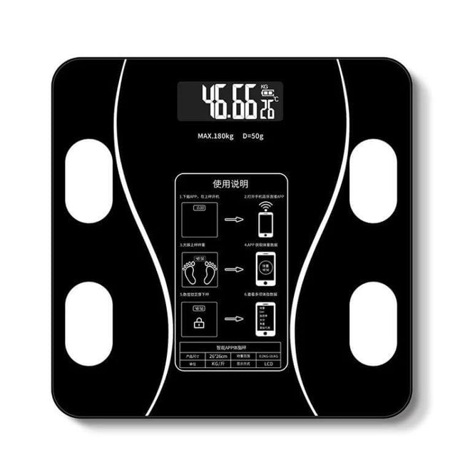 Smart Body Fat Scale Battery Powered For Everyday Home Use - black digital scale showing weight, moisture and body composition readings