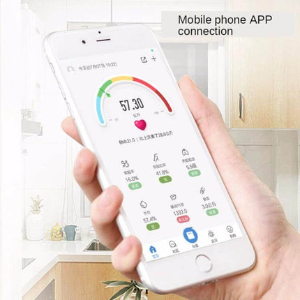 Smart Body Fat Scale Battery Powered For Everyday Home Use showing mobile app weight and body metrics on a smartphone screen