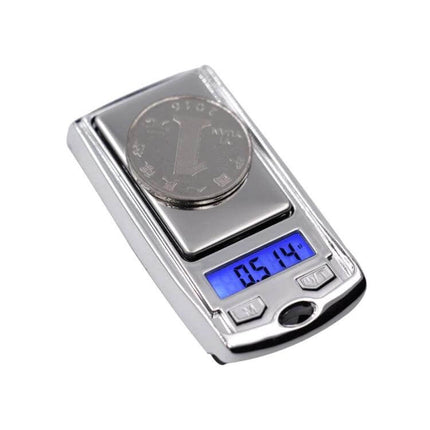 Car Key Shaped Pocket Jewelry Scale for Everyday Weighing - compact key-shaped digital pocket scale with coin on weighing platform and blue LCD readout