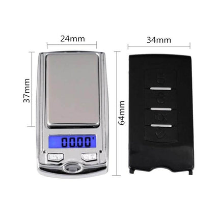 Car Key Shaped Pocket Jewelry Scale for Everyday Weighing - compact key-shaped digital pocket scale with blue LCD, dimensions 24x37mm platform and 34x64mm cover