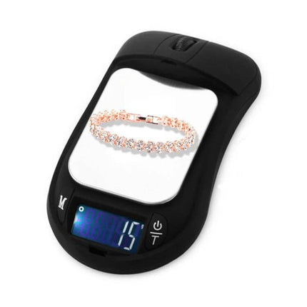 Mouse Shape Jewelry Scale for Diamonds, Compact and Easy to Use - black mouse-shaped jewelry scale weighing diamond bracelet, stainless steel pan, digital display