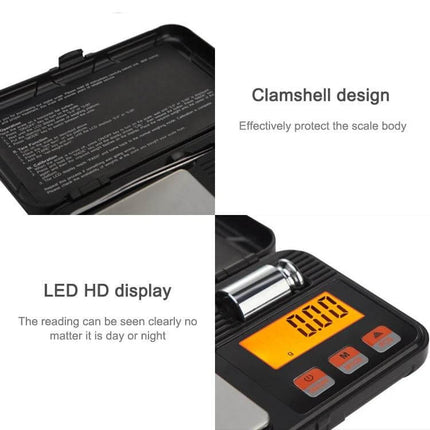 Portable Jewelry Scale 200g Capacity for Gems and Jewelry in clamshell case with 58×58 mm pan and orange HD LCD display