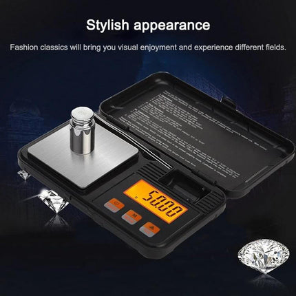 Portable Jewelry Scale 200g Capacity for Gems and Jewelry - compact black digital scale with 58×58 mm pan and orange backlight display