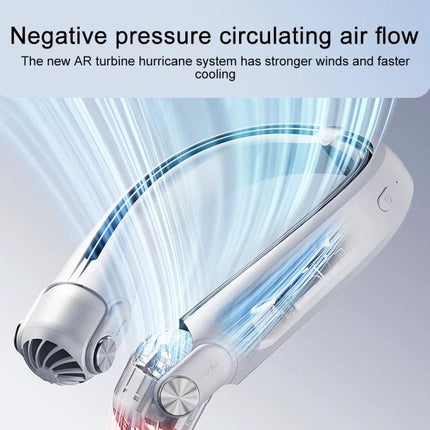 Ergonomic Hanging Neck Electric Fan for Portable Daily Cooling showing airflow visualization and ergonomic curved design