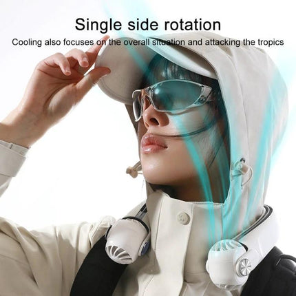 Ergonomic Hanging Neck Electric Fan for Portable Daily Cooling worn by person outdoors with adjustable angle and single-side rotation