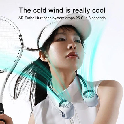 Ergonomic Hanging Neck Electric Fan for Portable Daily Cooling worn by woman playing tennis, showing adjustable angle and directed airflow