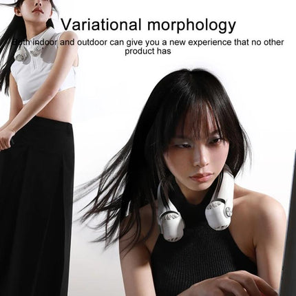 Ergonomic Hanging Neck Electric Fan for Portable Daily Cooling worn by woman commuting and working, ergonomic neck-fit with adjustable angle for targeted airflow
