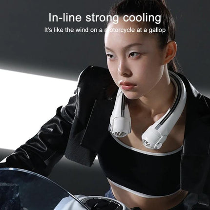 Ergonomic Hanging Neck Electric Fan for Portable Daily Cooling worn by woman commuting, ergonomic fit with adjustable semi-rotating airflow