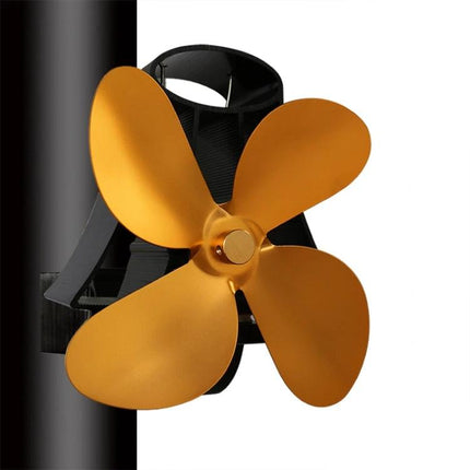 Quiet Aluminum Heat-Powered Fan for Fireplace Air Circulation on wood stove, four-blade gold fan circulating warm air