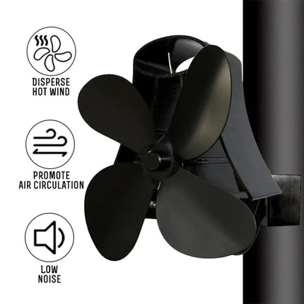 Quiet Aluminum Heat-Powered Fan for Fireplace Air Circulation placed on wood stove to disperse hot wind and promote low-noise air circulation