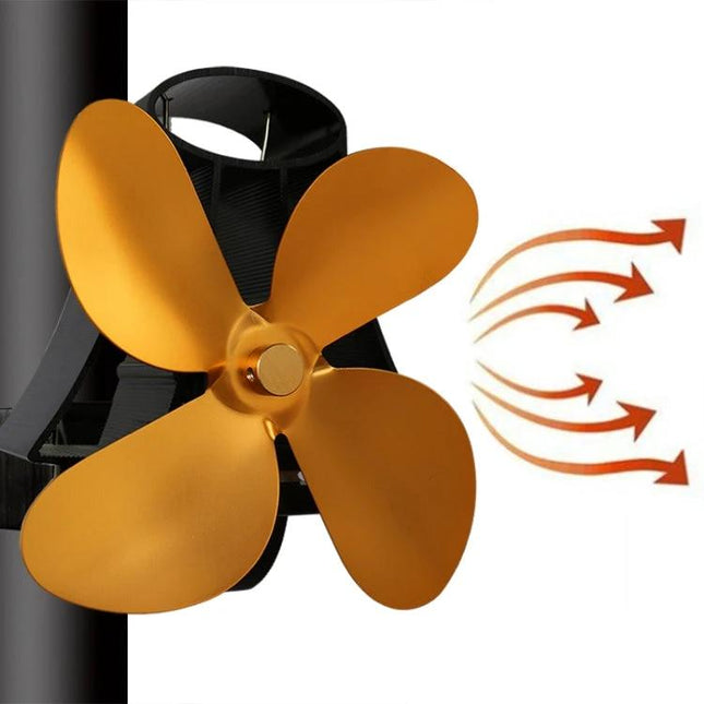 Quiet Aluminum Heat-Powered Fan for Fireplace Air Circulation on wood stove spreading warm air evenly