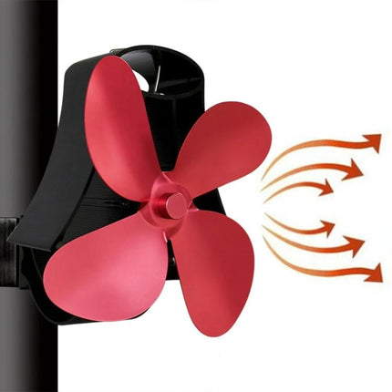 Quiet Aluminum Heat-Powered Fan for Fireplace Air Circulation on wood stove surface with red 4-blade prop moving warm air