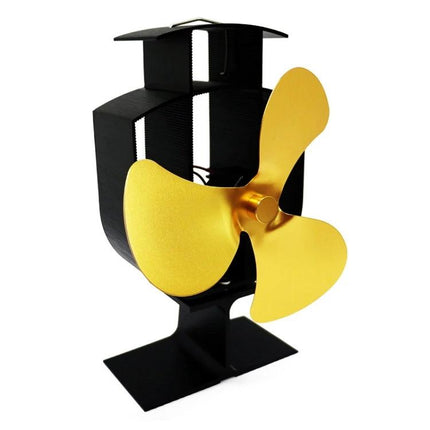 Alt Tag: Heat-Powered Fireplace Fan for Efficient Stove Heat Distribution gold-blade stove fan on black housing circulating warm air
