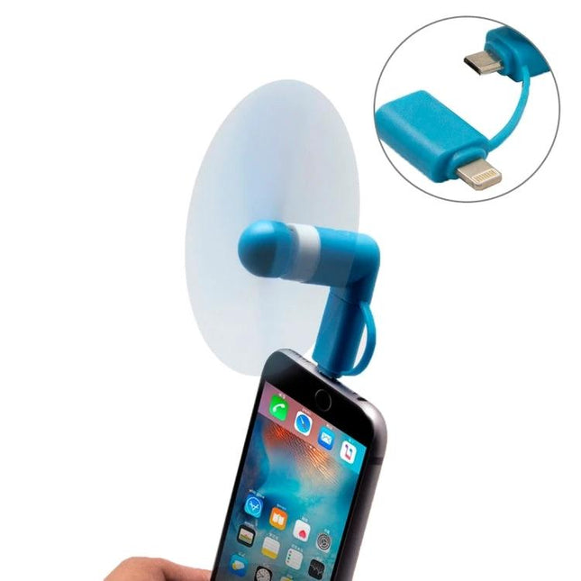 Portable Fan for Mobile TV Viewing with USB Connectivity attached to smartphone for cooling during video watching