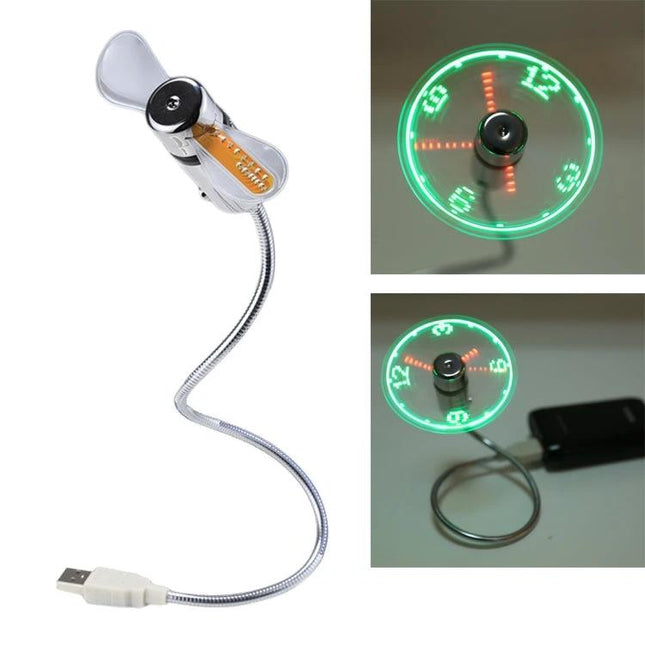Portable Mini USB Fan with Flexible Neck and LED Display showing flexible gooseneck, USB plug and glowing LED clock blades