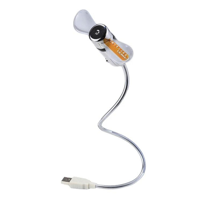 Portable Mini USB Fan with Flexible Neck and LED Display - compact USB-powered fan with flexible gooseneck and clip for desk or travel, LED panel visible