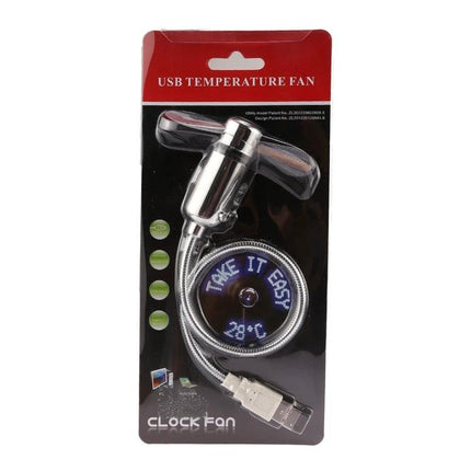 Portable Mini USB Fan with Flexible Neck and LED Display showing flexible gooseneck, LED temp readout and USB plug