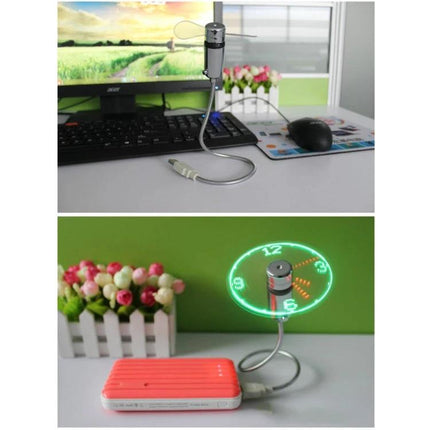 Portable Mini USB Fan with Flexible Neck and LED Display on desk and power bank showing green LED clock blades