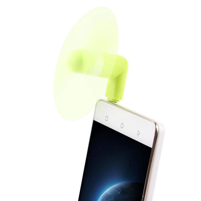 Compact Portable Fan for Smartphone Cooling via USB-C Port attached to phone showing green mini fan preventing overheating
