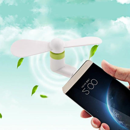 Compact Portable Fan for Smartphone Cooling via USB-C Port attached to phone showing airflow and leaves, handheld USB-C cooling fan