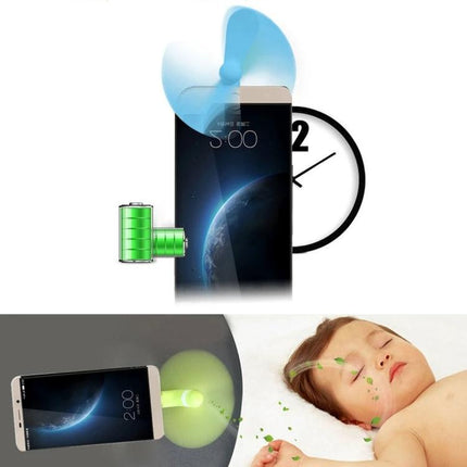 Compact Portable Fan for Smartphone Cooling via USB-C Port attached to phone showing battery, clock and cooling fan preventing overheating
