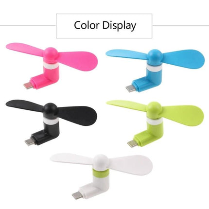 Compact Portable Fan for Smartphone Cooling via USB-C Port shown in pink blue black green and white color options