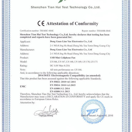 Compact Portable Fan for Smartphone Cooling via USB-C Port attached to phone with CE attestation certificate background