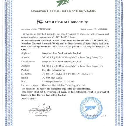 Compact Portable Fan for Smartphone Cooling via USB-C Port attached to phone showing FCC attestation certificate in background